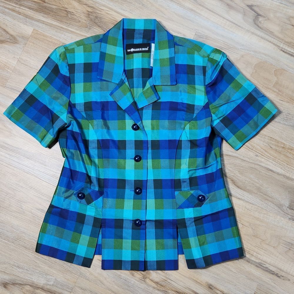 🔹️Sag Harbor Dress Blue & Green Checker Print Short Sleeve Blazer Size 8